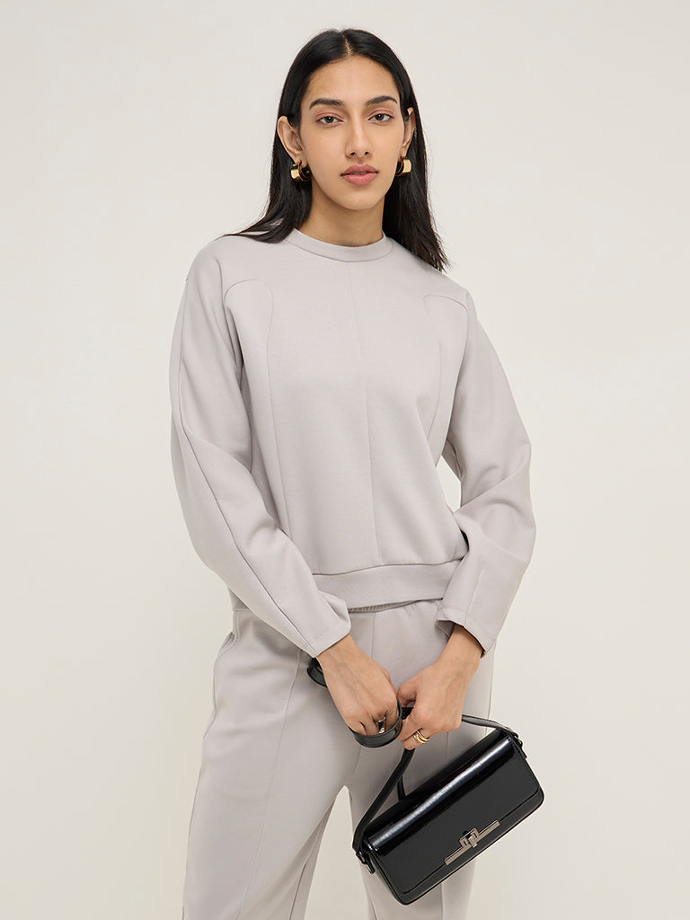 LOV Grey Solid Cotton Blend Sweatshirt