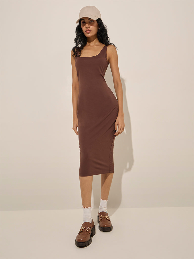 Nuon Brown Solid Cotton Bodycon Dress