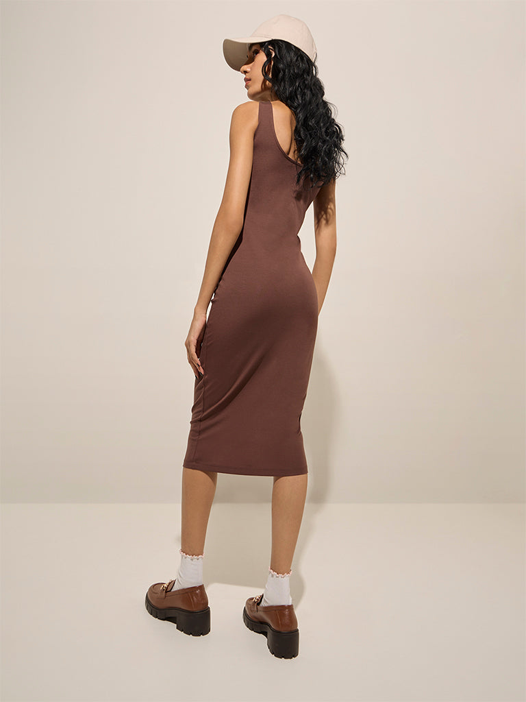 Nuon Brown Solid Cotton Bodycon Dress