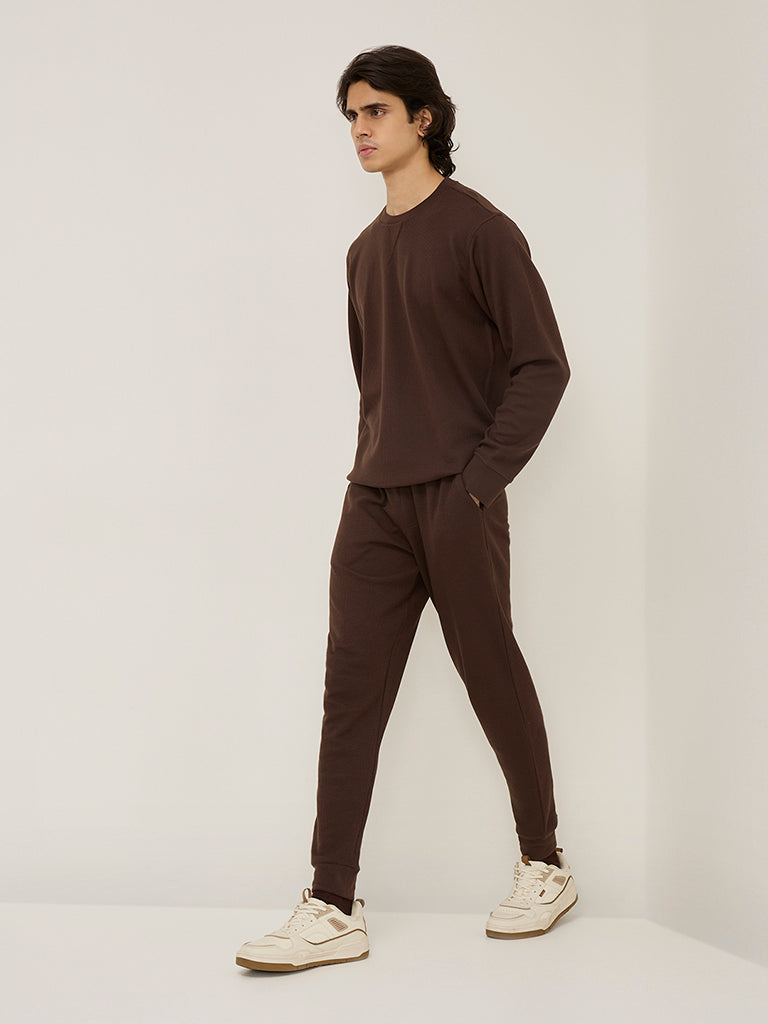 WES Lounge Brown Textured Relaxed-Fit Mid-Rise Cotton-Blend Joggers