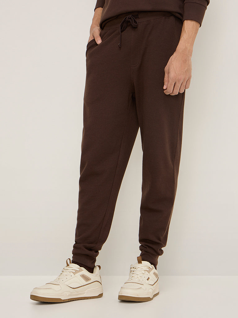 WES Lounge Brown Textured Relaxed-Fit Mid-Rise Cotton-Blend Joggers