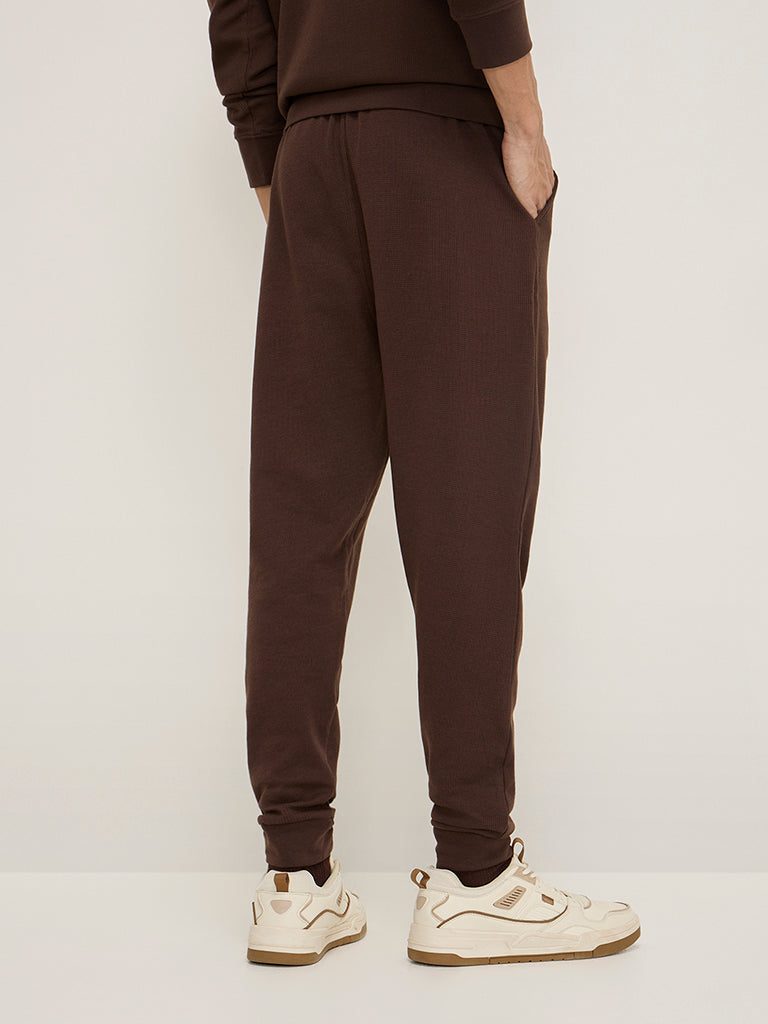 WES Lounge Brown Textured Relaxed-Fit Mid-Rise Joggers