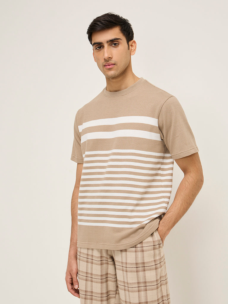 WES Lounge Beige Textured Relaxed-Fit Cotton-Blend T-Shirt