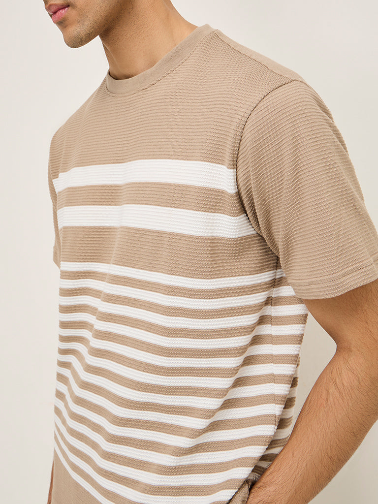 WES Lounge Beige Textured Relaxed-Fit Cotton-Blend T-Shirt