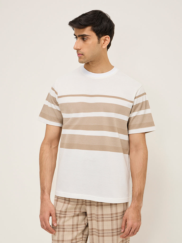 WES Lounge Beige Striped Relaxed-Fit Cotton-Blend T-Shirt