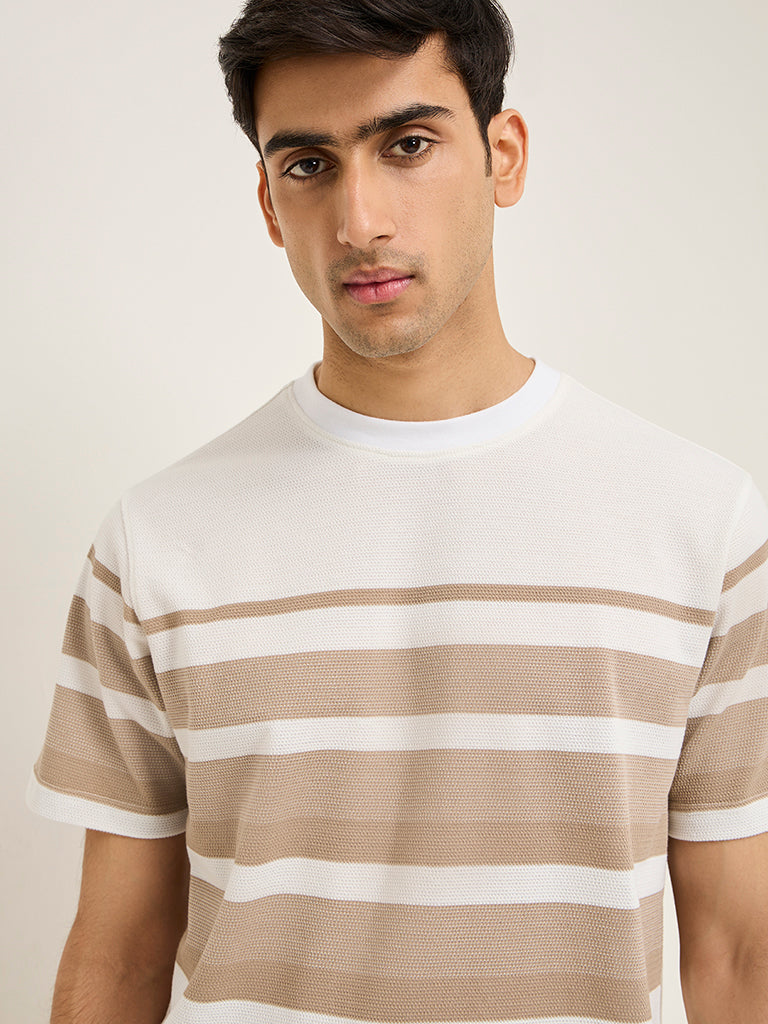 WES Lounge Beige Striped Relaxed-Fit Cotton-Blend T-Shirt