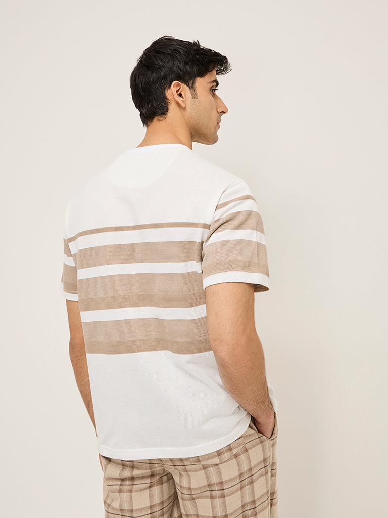 WES Lounge Beige Striped Relaxed-Fit Cotton-Blend T-Shirt