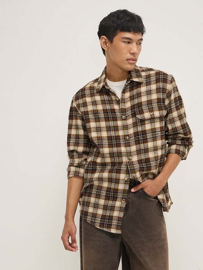 Nuon Brown Checkered Relaxed-Fit Cotton Shirt