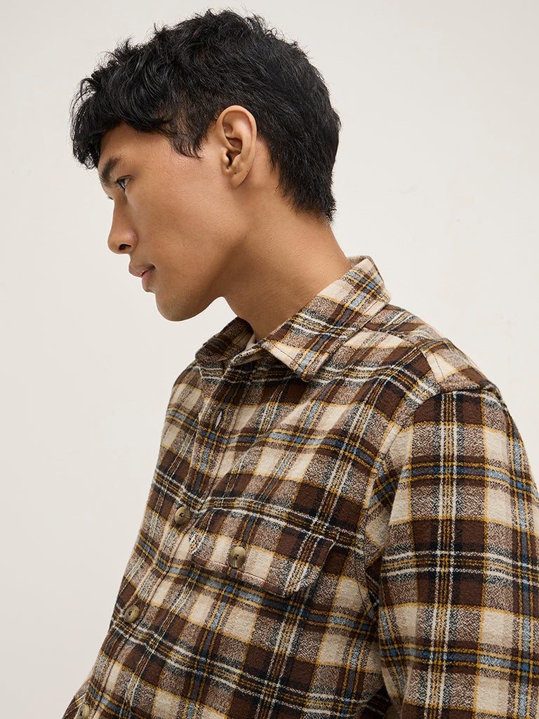 Nuon Brown Checkered Relaxed-Fit Cotton Shirt