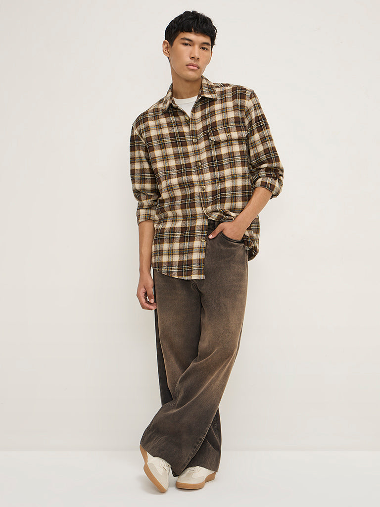 Nuon Brown Checkered Relaxed-Fit Cotton Shirt