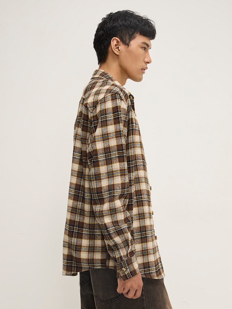 Nuon Brown Checkered Relaxed-Fit Cotton Shirt