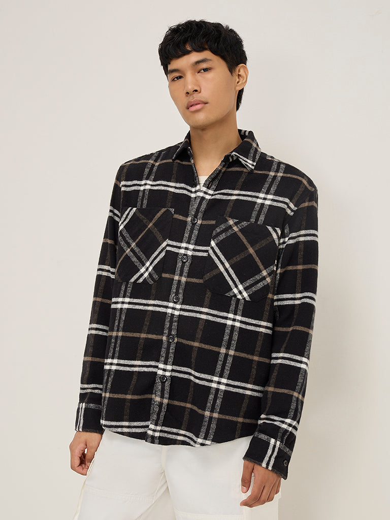 Nuon Black Checks Design Relaxed-Fit Cotton Shirt