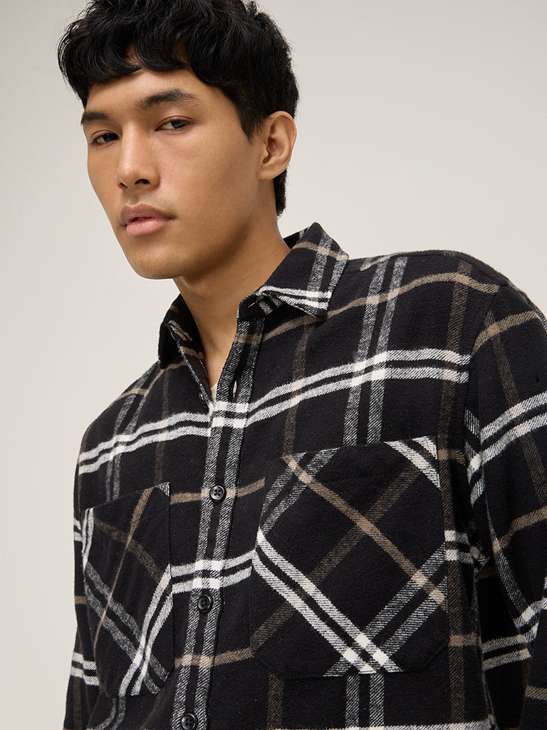 Nuon Black Checks Design Relaxed-Fit Cotton Shirt