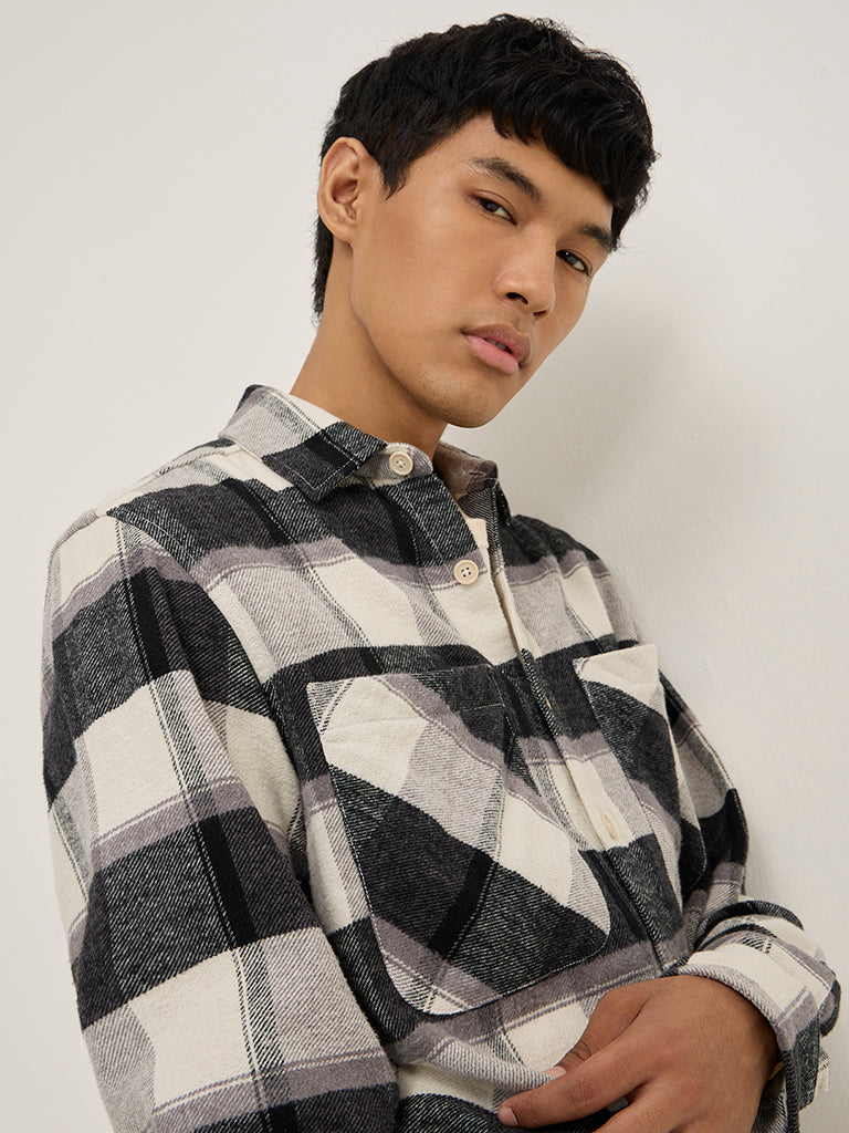 Nuon Charcoal Checkered Design Relaxed-Fit Cotton Shirt