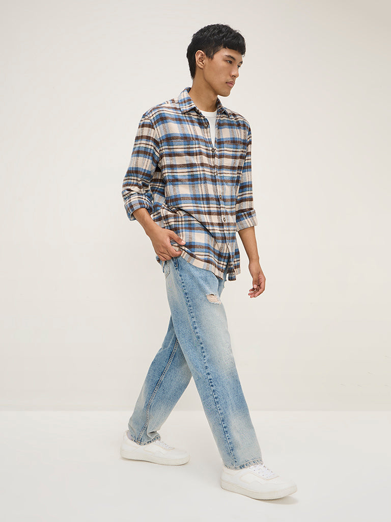 Nuon Blue Checks Pattern Relaxed-Fit Cotton Shirt