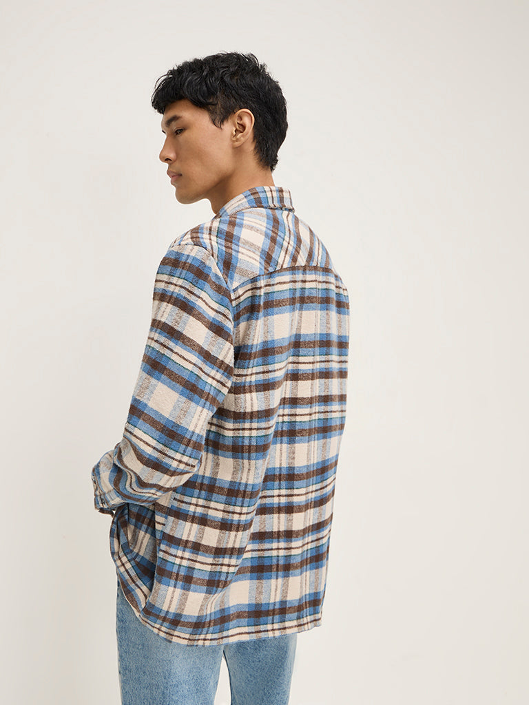 Nuon Blue Checks Pattern Relaxed-Fit Cotton Shirt