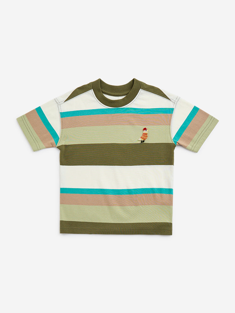 HOP Kids Olive Stripe Printed Cotton T-Shirt