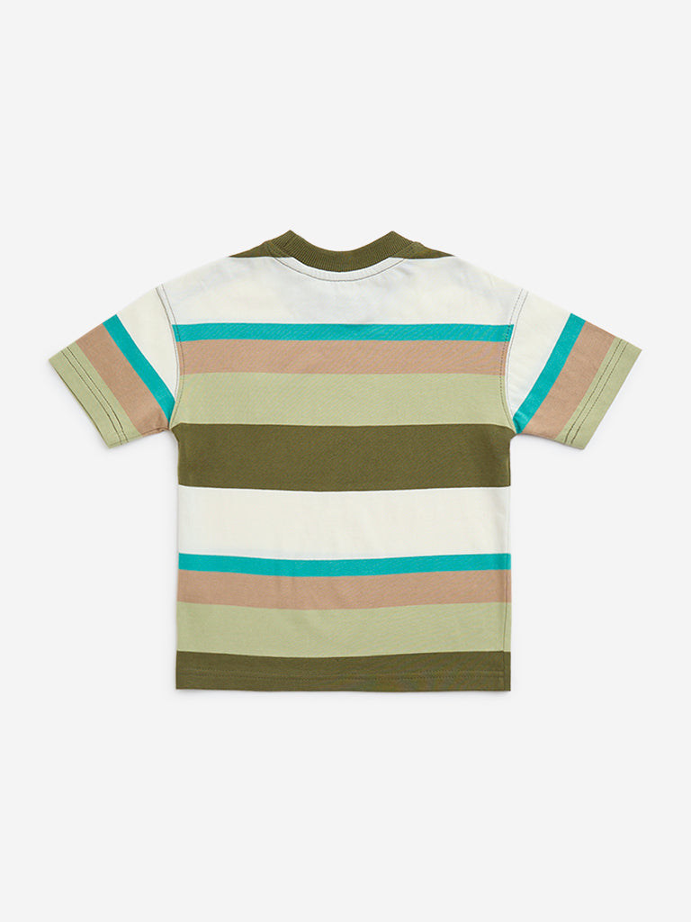 HOP Kids Olive Stripe Printed Cotton T-Shirt