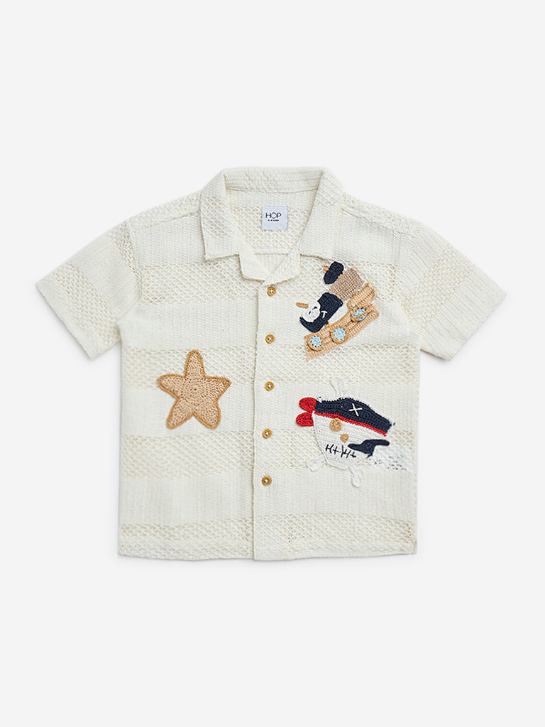 HOP Kids Off-White Applique-Detailed Knitted Cotton Shirt