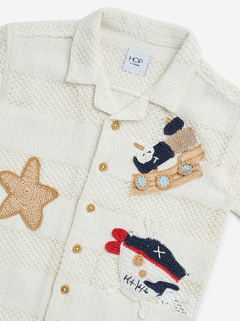 HOP Kids Off-White Applique-Detailed Knitted Cotton Shirt