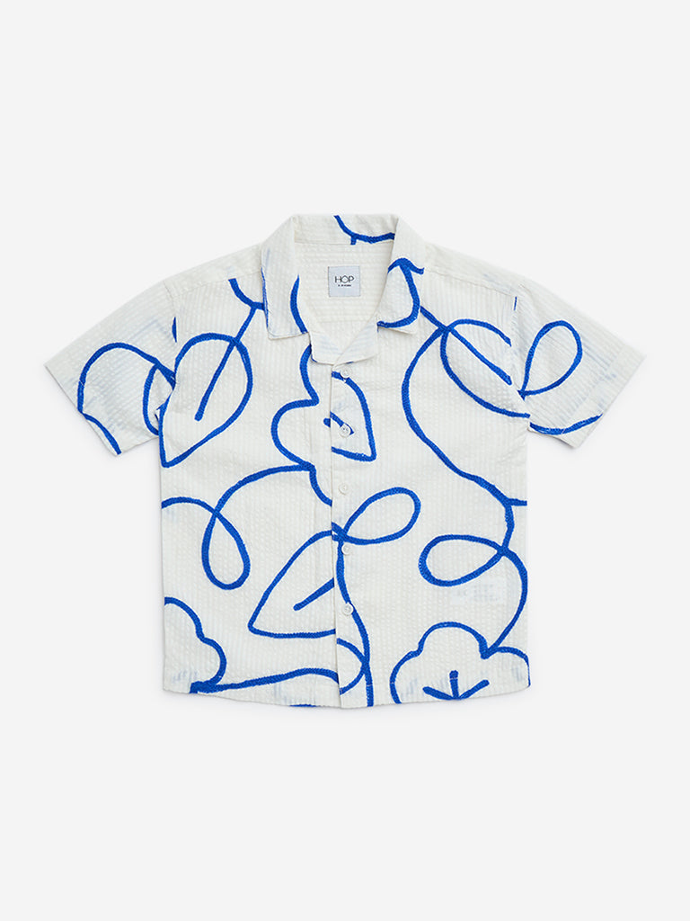 HOP Kids Off-White Embroidered Seersucker Cotton Shirt