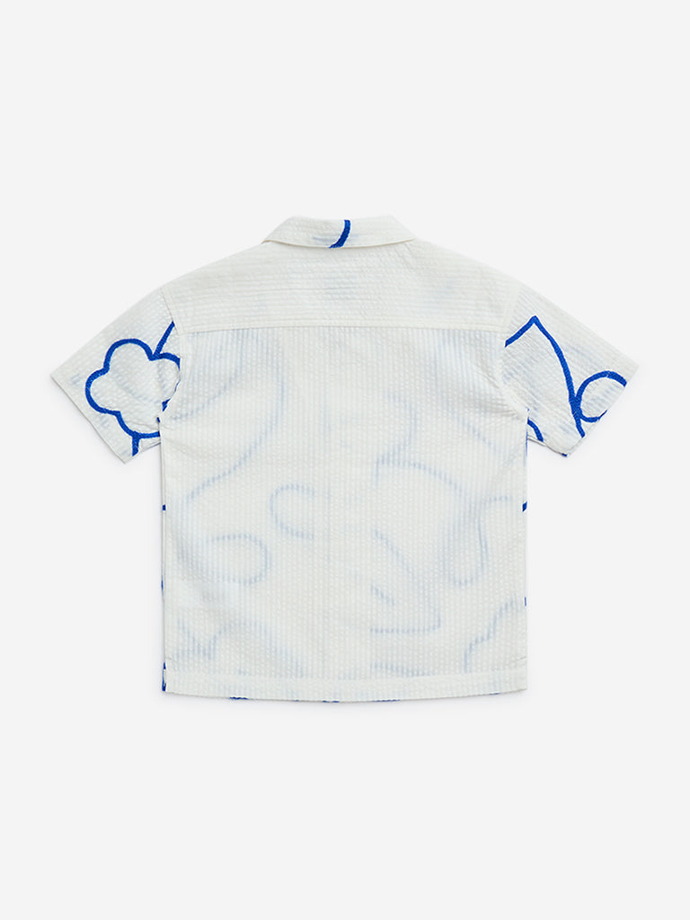 HOP Kids Off-White Embroidered Seersucker Cotton Shirt