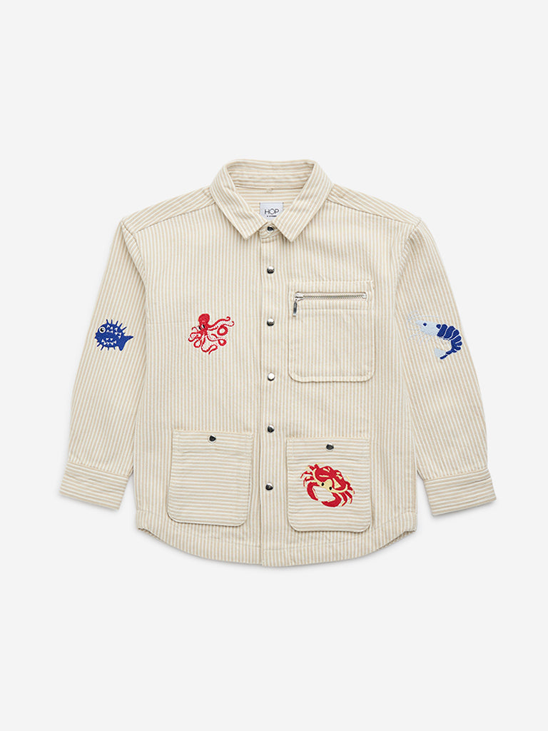 HOP Kids Beige Sea-Themed Embroidered Cotton Shirt