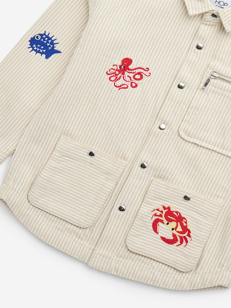 HOP Kids Beige Sea-Themed Embroidered Cotton Shirt