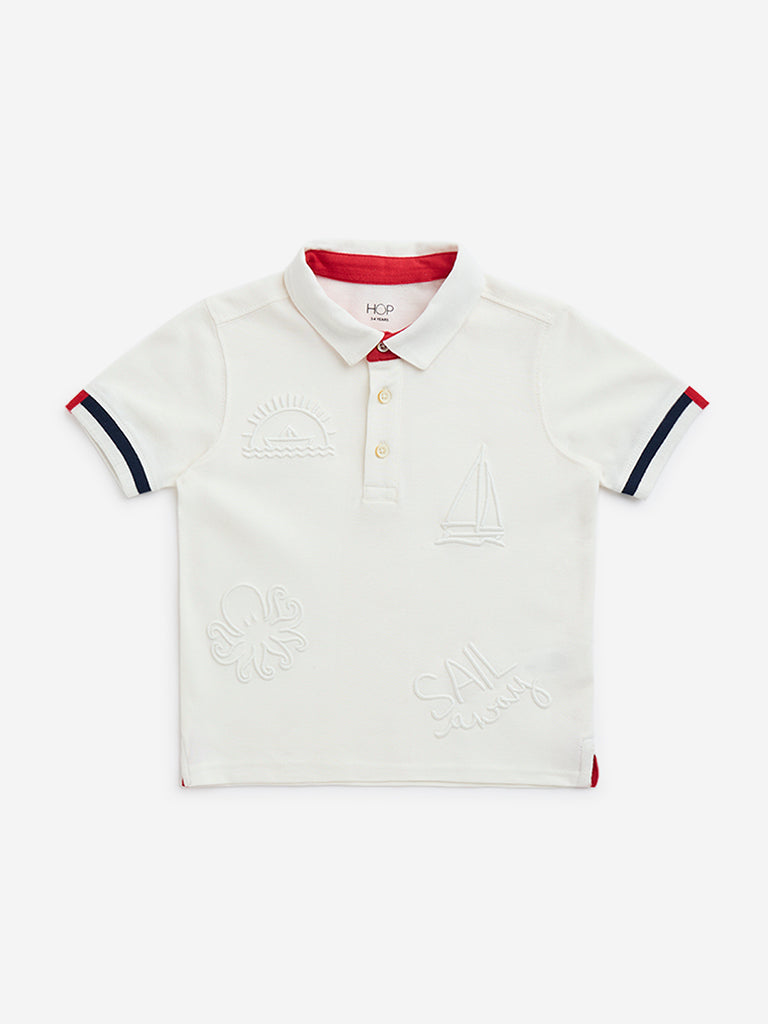 HOP Kids White Embroidered Cotton Polo T-Shirt