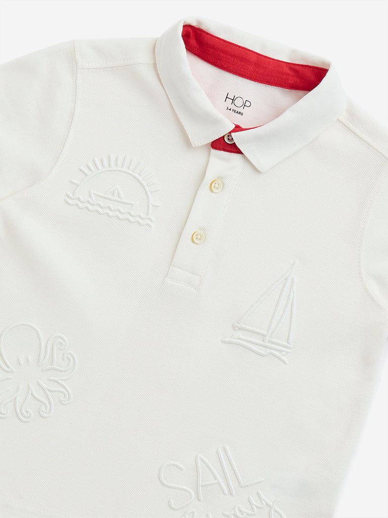 HOP Kids White Embroidered Cotton Polo T-Shirt