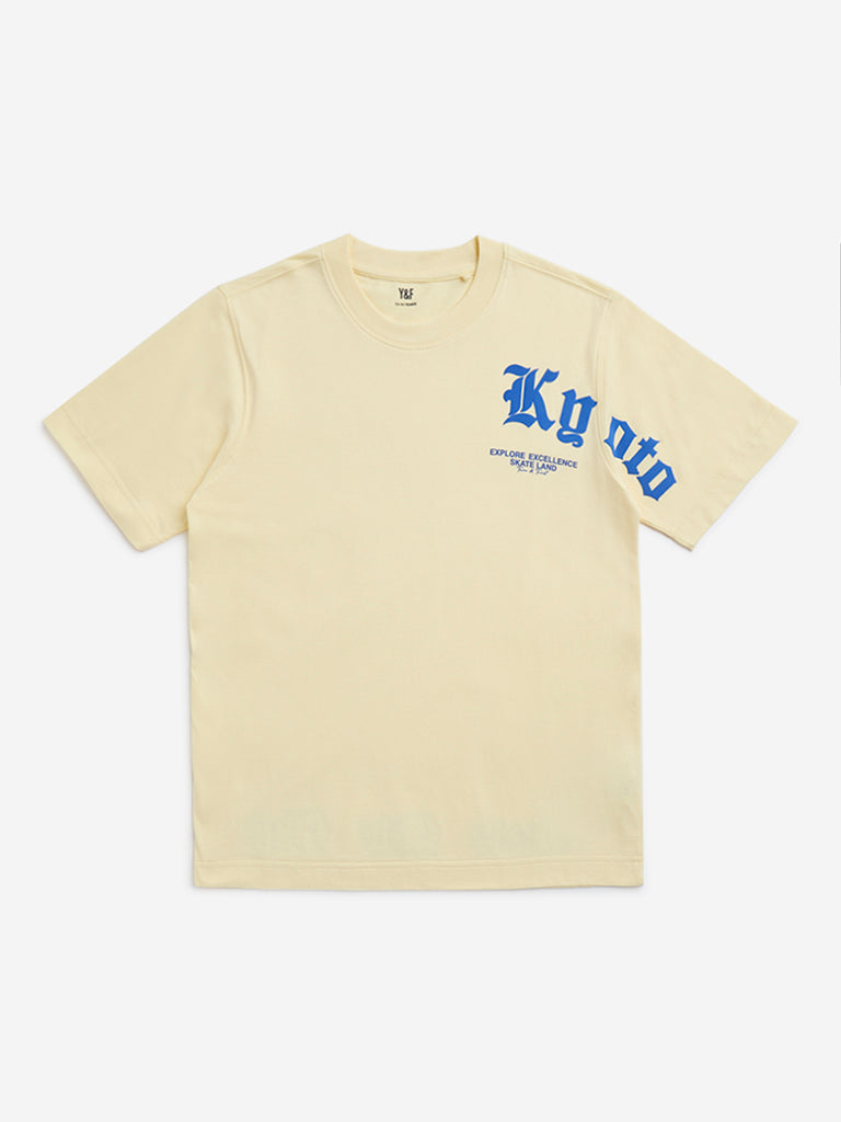 Y&F Kids Yellow Text Printed Cotton T-Shirt