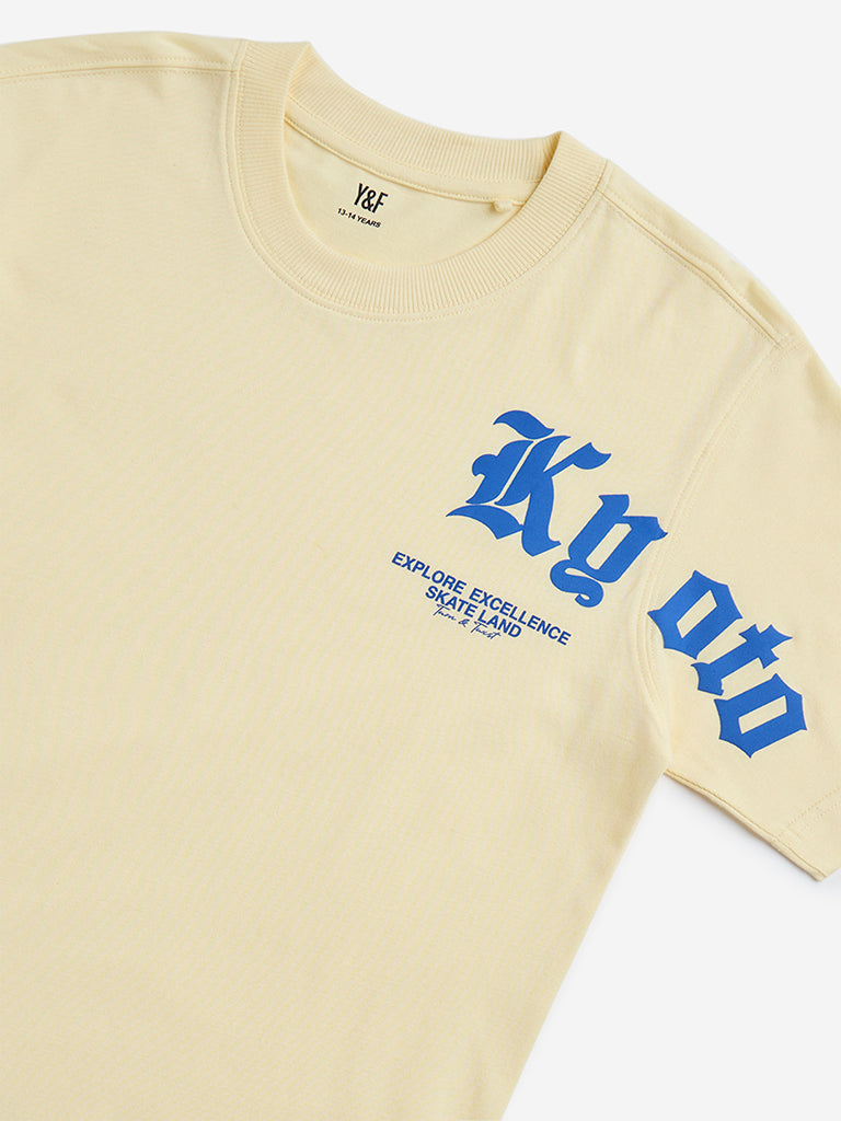 Y&F Kids Yellow Text Printed Cotton T-Shirt