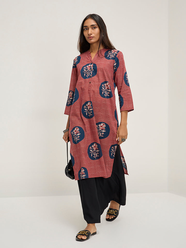 Utsa Red Floral Printed Straight Cotton Kurta