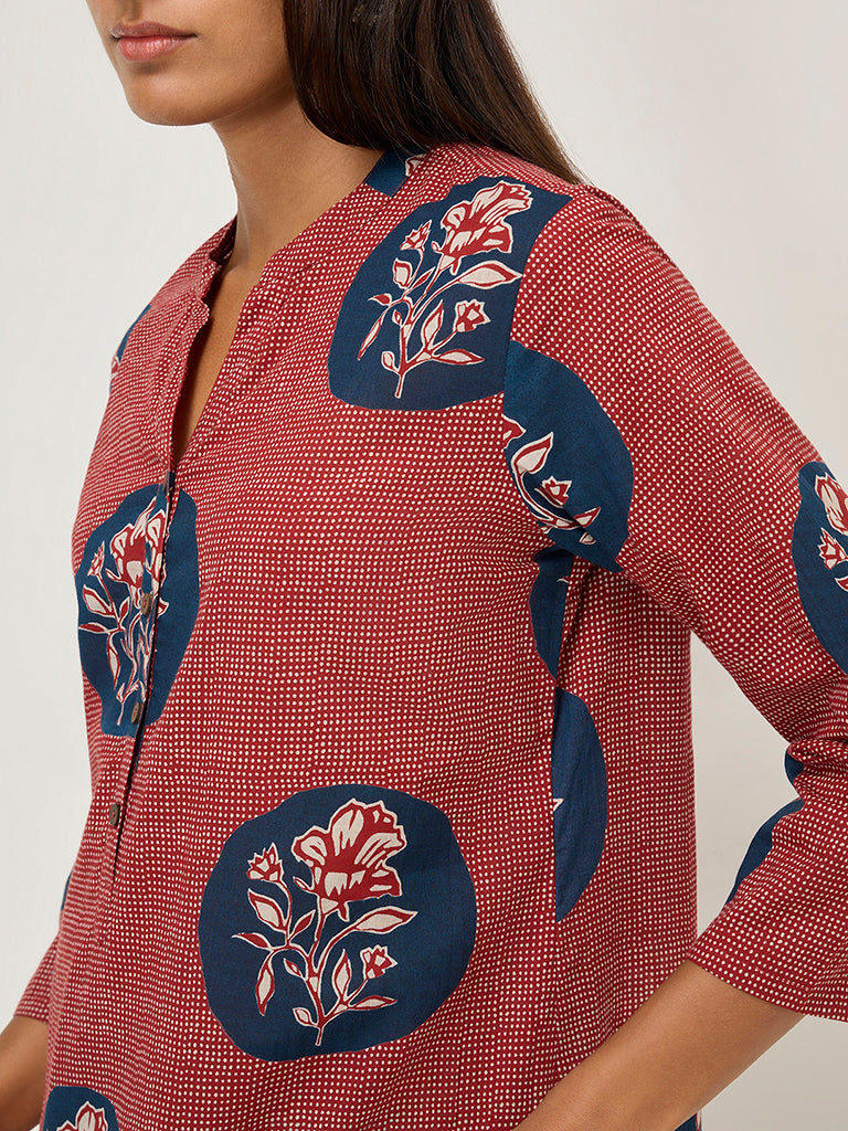 Utsa Red Floral Printed Straight Cotton Kurta