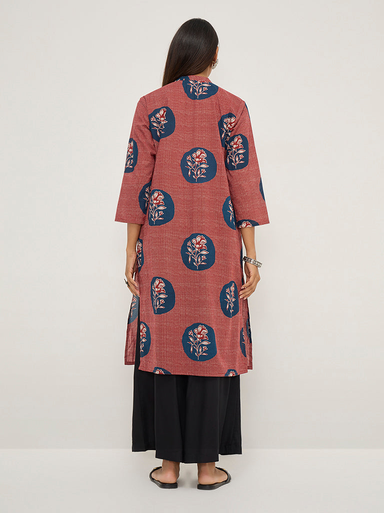 Utsa Red Floral Printed Straight Cotton Kurta