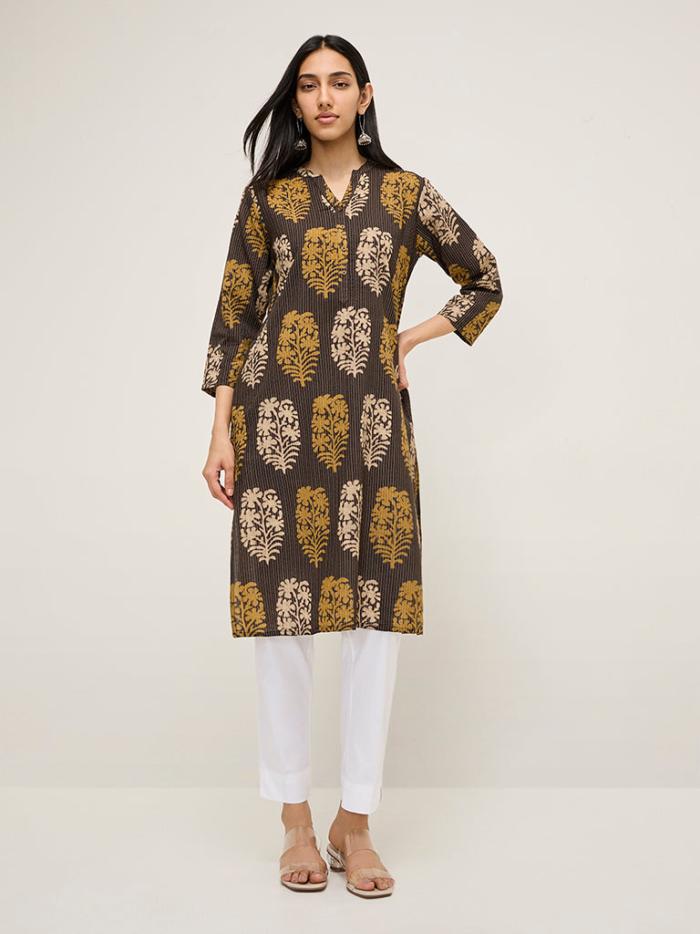 Utsa Brown Foliage Printed Cotton Blend Straight Kurta