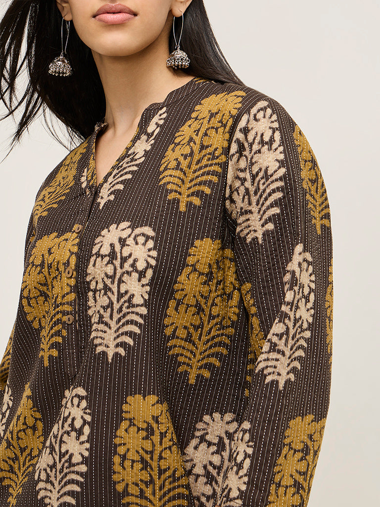 Utsa Brown Foliage Printed Cotton Blend Straight Kurta