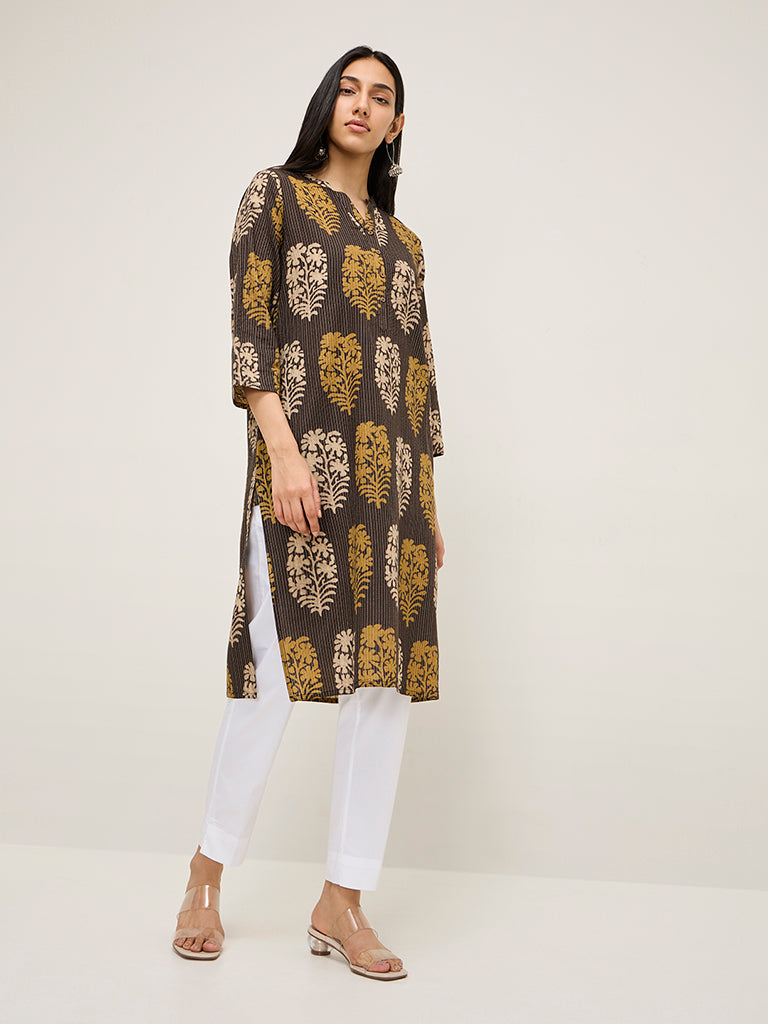 Utsa Brown Foliage Printed Cotton Blend Straight Kurta