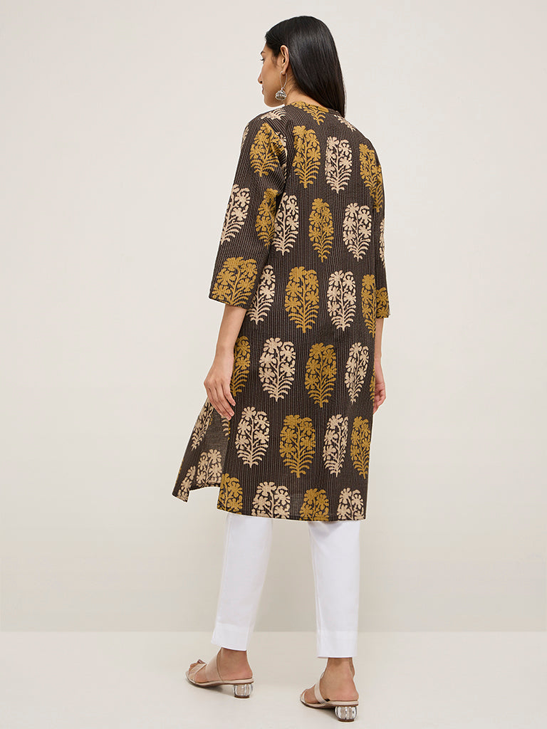 Utsa Brown Foliage Printed Cotton Blend Straight Kurta