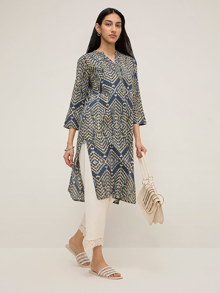 Utsa Indigo Geometric Printed Straight Cotton Blend Kurta