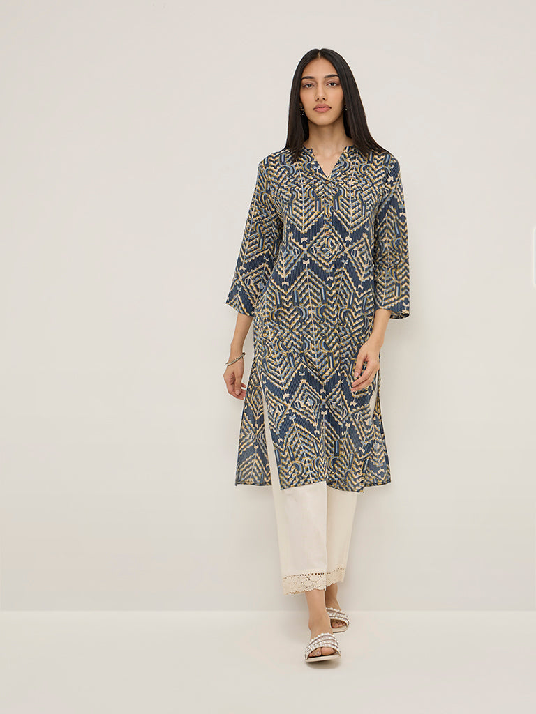 Utsa Indigo Geometric Printed Straight Cotton Blend Kurta