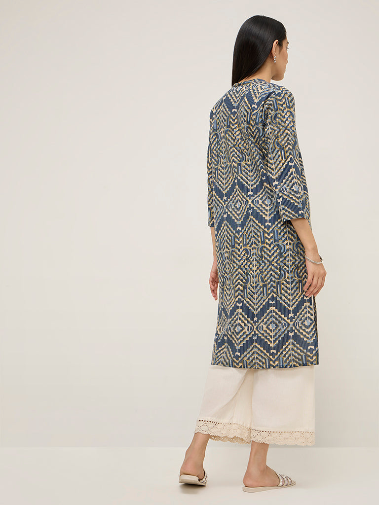 Utsa Indigo Geometric Printed Straight Cotton Blend Kurta