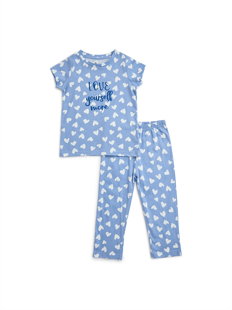 HOP Kids Blue Hearts Design Cotton Pyjamas Set In a Bag