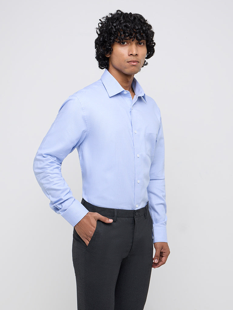 WES Formals Blue Houndstooth Relaxed-Fit Cotton Shirt