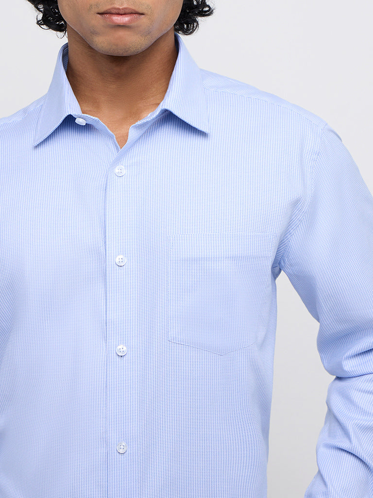 WES Formals Blue Houndstooth Relaxed-Fit Cotton Shirt