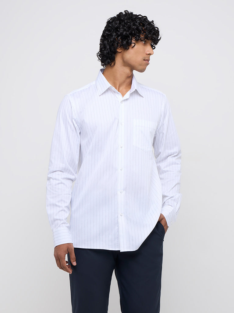 WES Formals White Pinstriped Slim-Fit Cotton Shirt