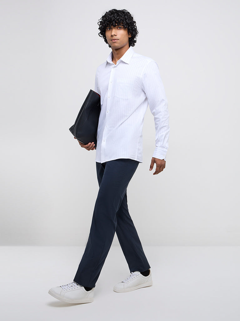 WES Formals White Pinstriped Slim-Fit Cotton Shirt