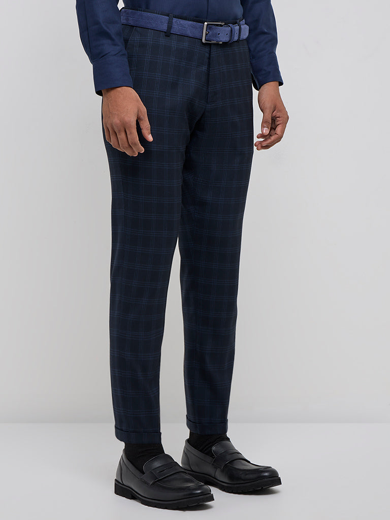 WES Formals Navy Blue Checkered Carrot-Fit Mid-Rise Trousers