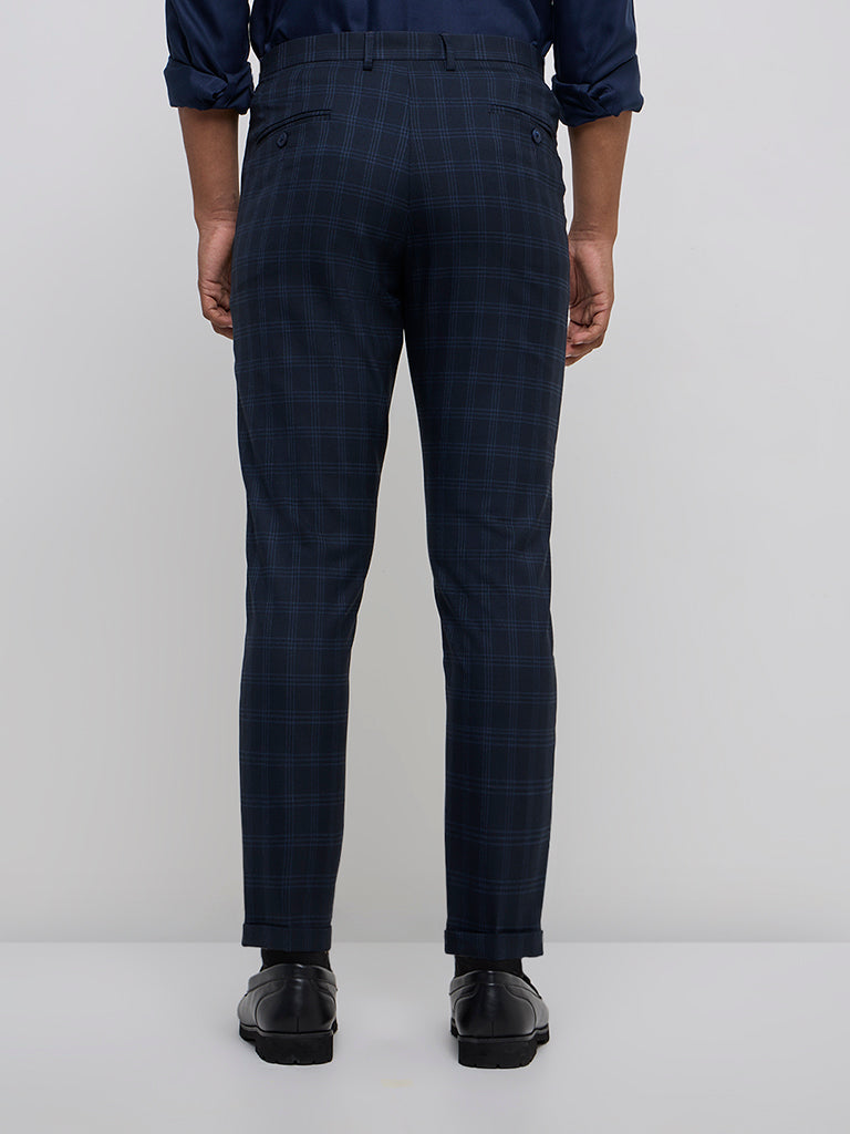 WES Formals Navy Blue Checkered Carrot-Fit Mid-Rise Trousers