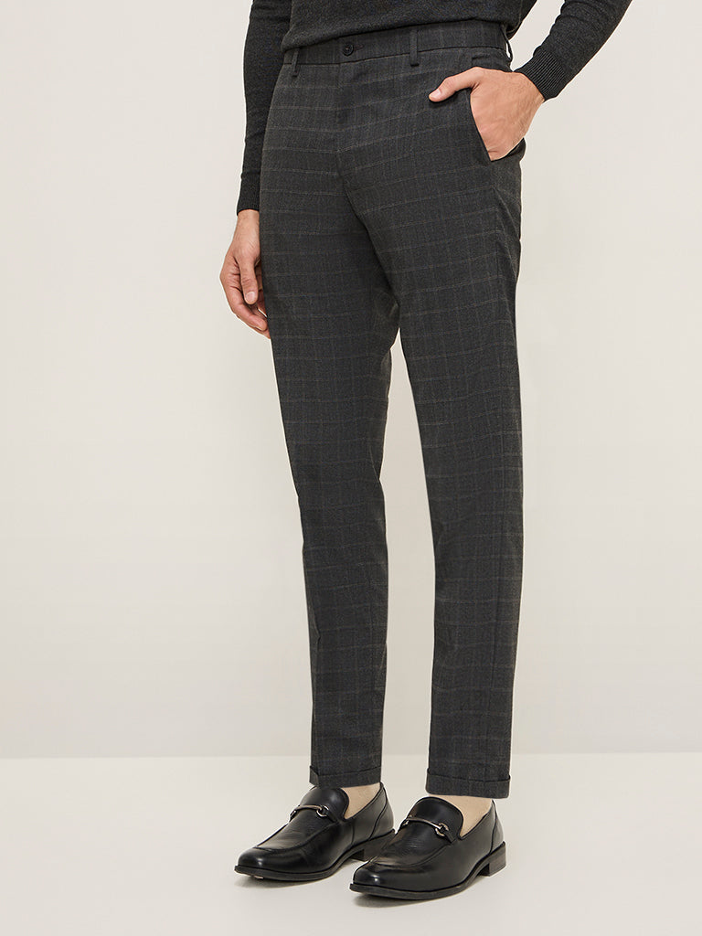 WES Formals Charcoal Checkered Carrot-Fit Mid-Rise Trousers